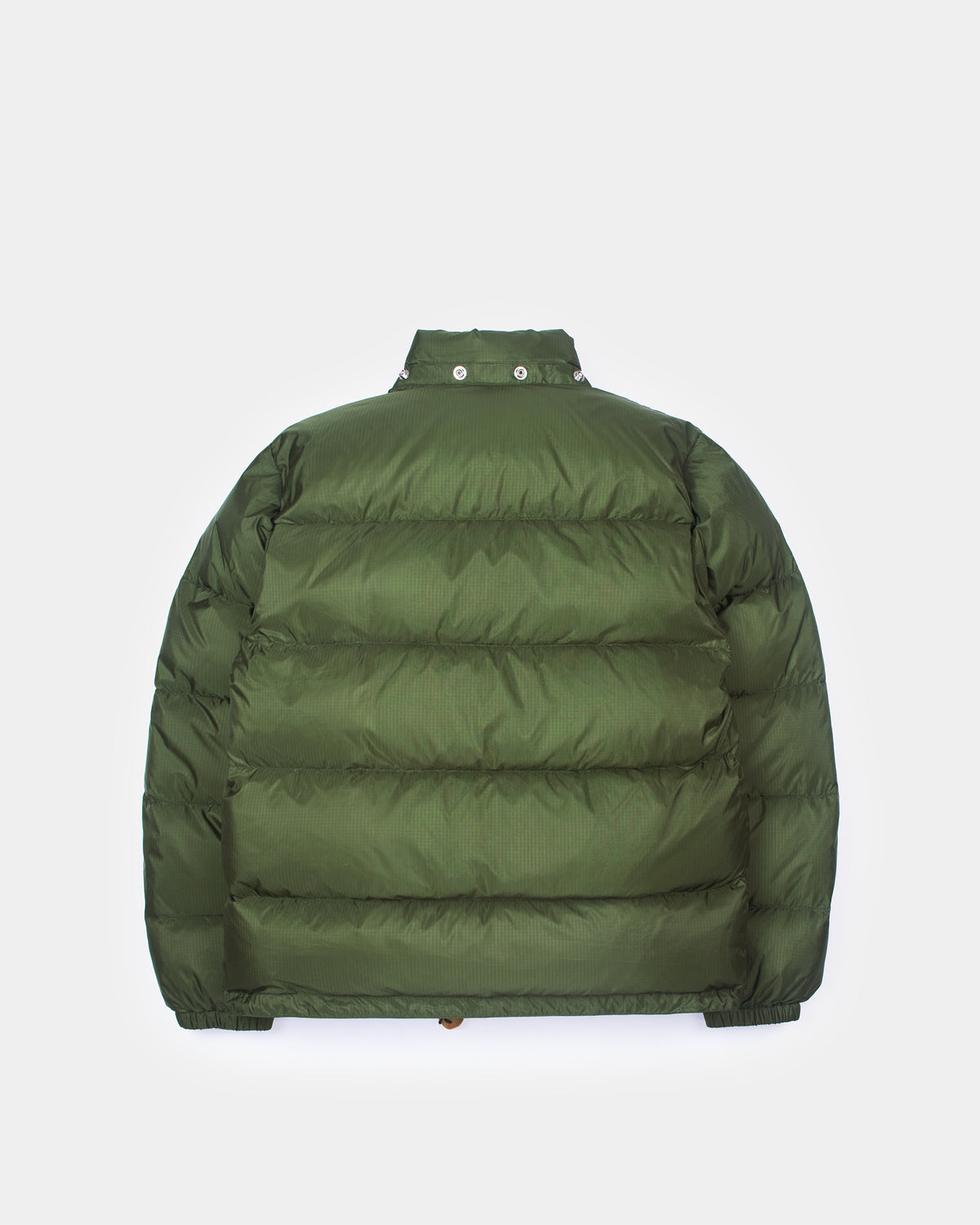 Olive green down sweater puffer jacket with horizontal stitching high collar made of ripstop nylon