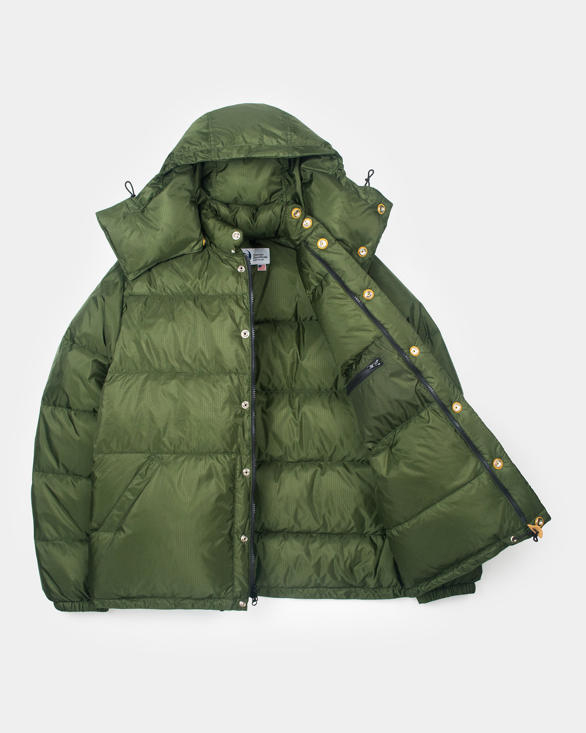 Olive green down sweater puffer jacket with hood leather snap reinforcement black zipper accents ripstop nylon material