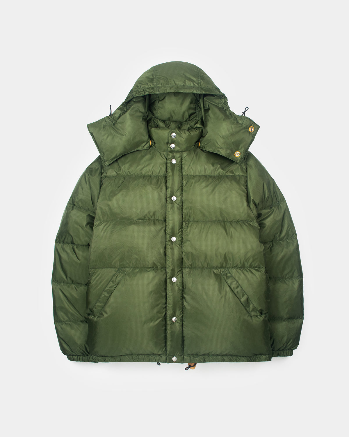 Olive green down sweater puffer jacket with quilted design button closures attached hood ripstop nylon material