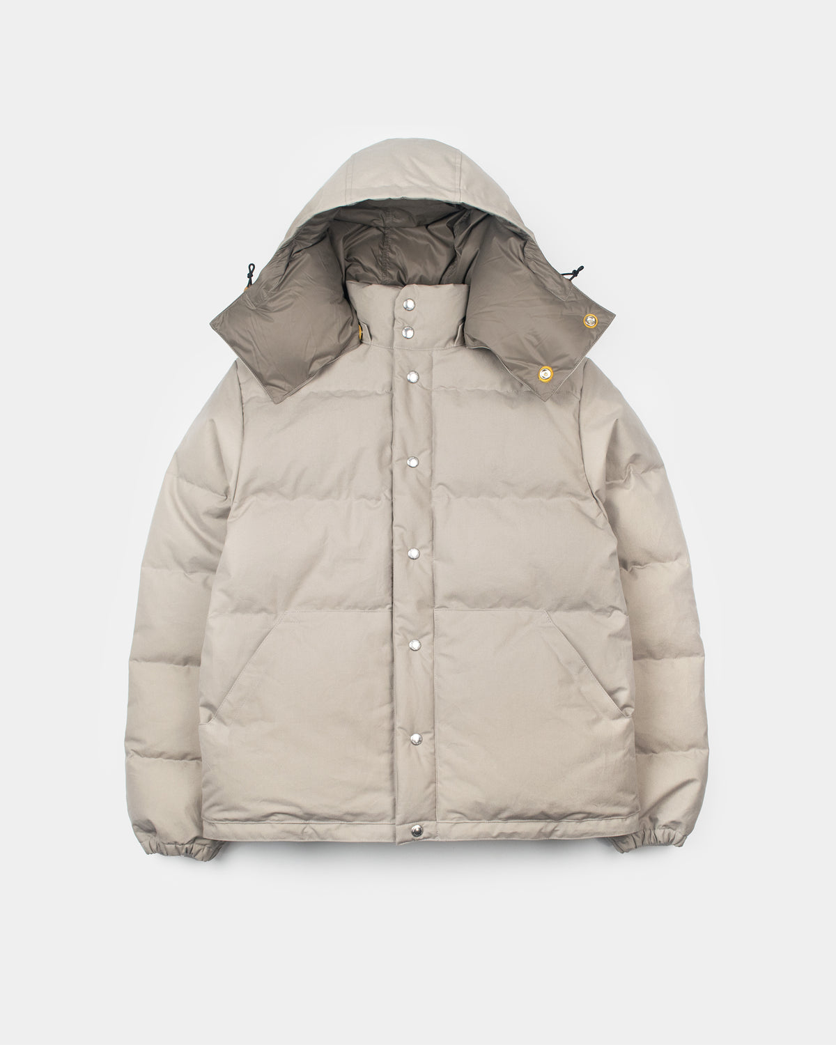 Down sweater puffer jacket in dry wax cotton with detachable hood and silver buttons in stone color