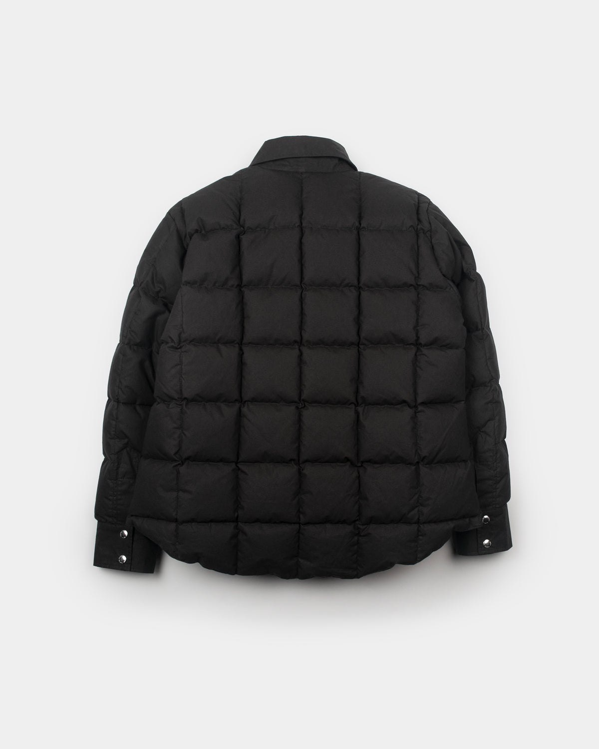 Black quilted puffer jacket down shirt with structured collar buttoned cuffs made from dry wax cotton