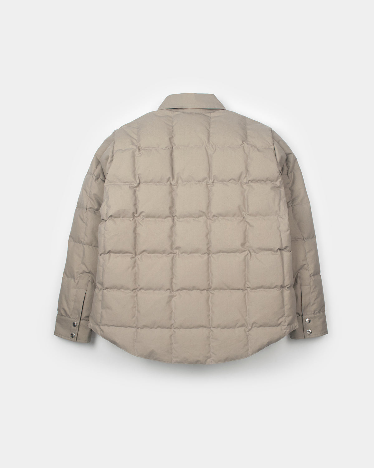 Stone quilted down shirt jacket in dry wax cotton with structured collar and buttoned cuffs stone color