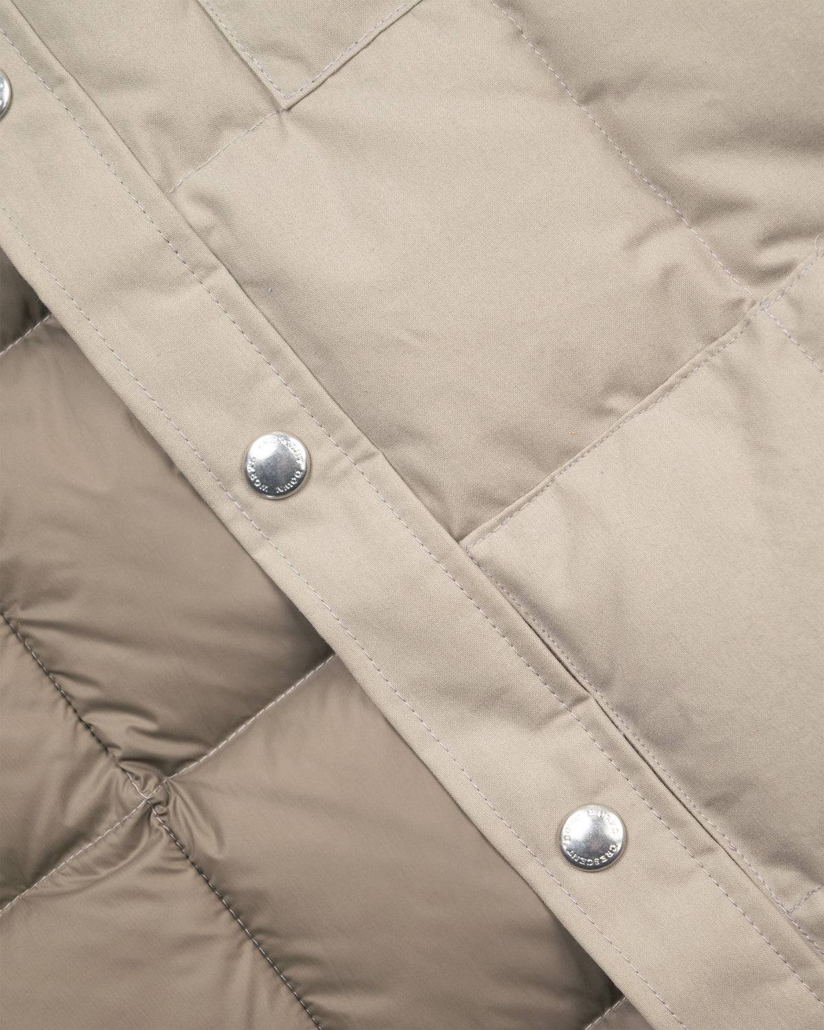 Stone quilted puffer down shirt in dry wax cotton stone with silver-toned snap buttons