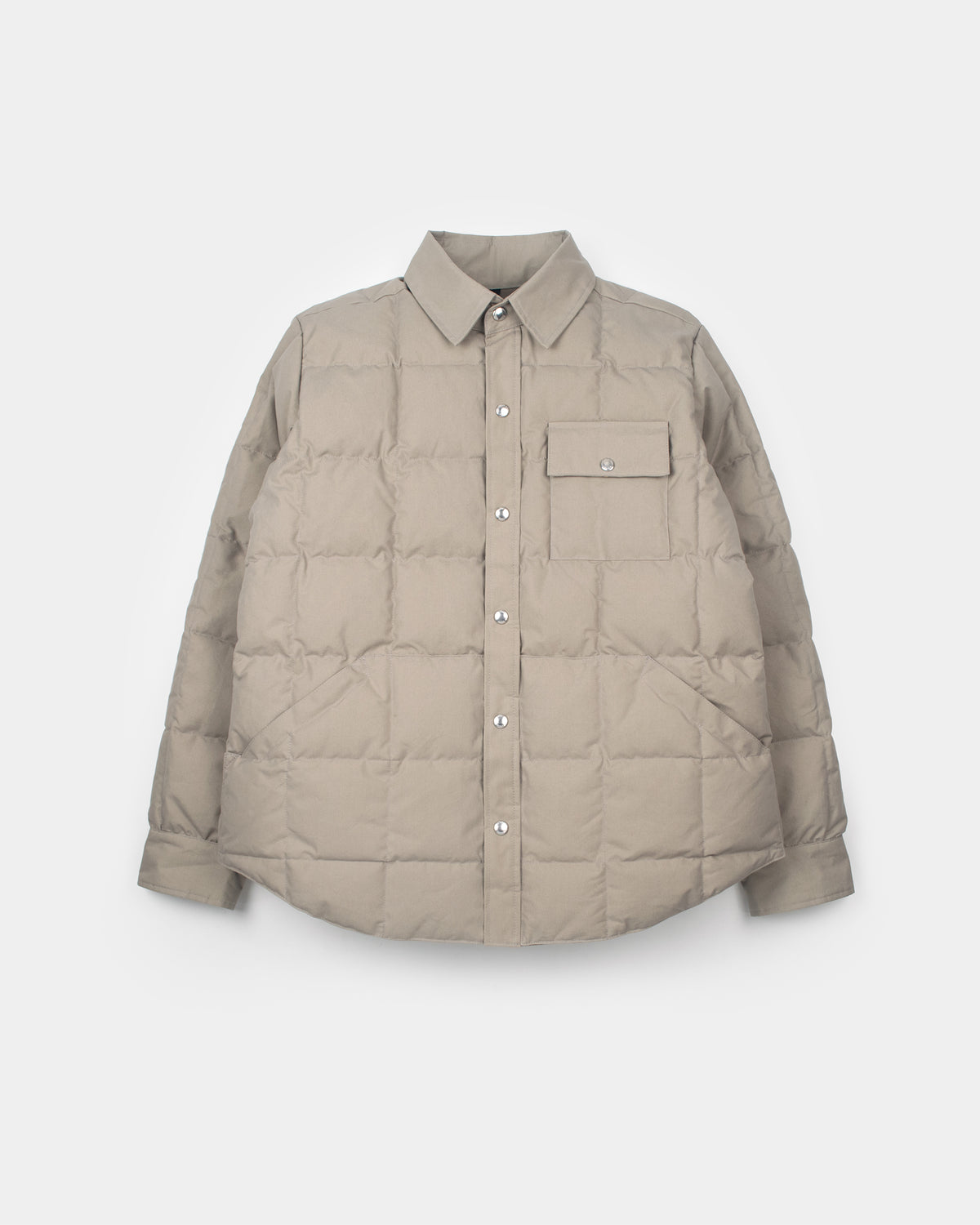 Stone quilted down shirt stone with classic collar button-up front pocket made of dry wax cotton