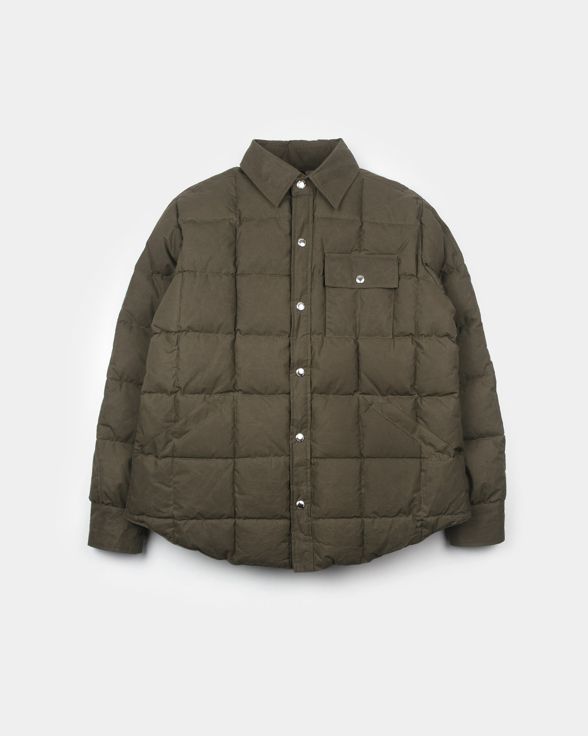 A tent green Down Shirt puffer jacket with a button-up front, collar, and chest pocket, displayed on a light gray background.