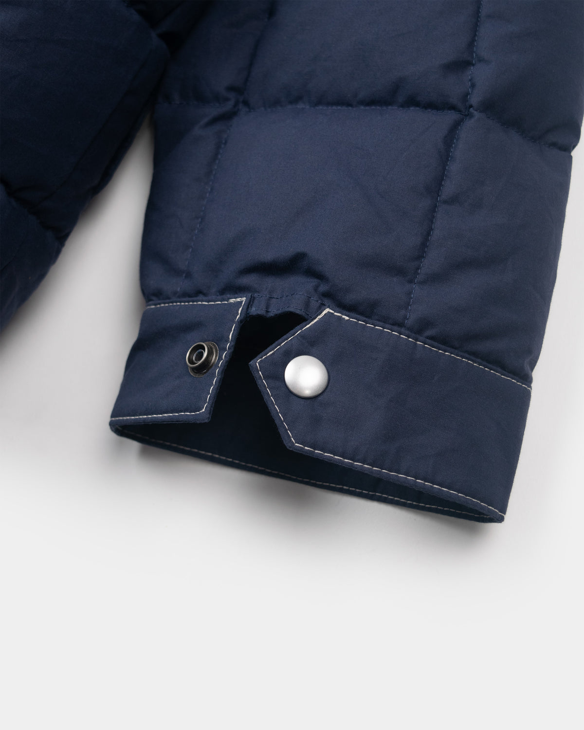 Close-up of a navy blue down chore coat jacket sleeve showing the cuff with a snap button and a button tab with cream contrast stitching on a light gray background.