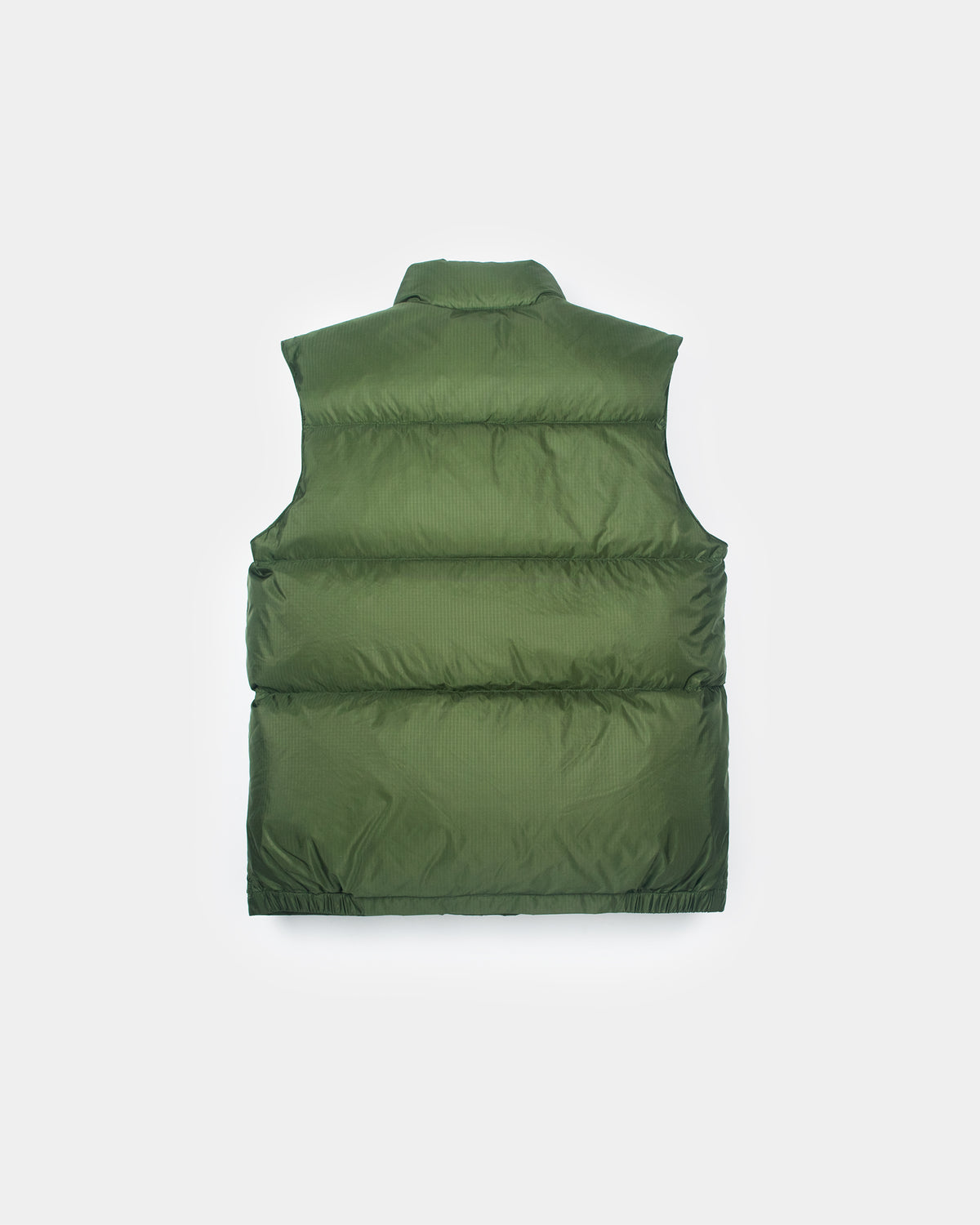 Olive green down italian vest with horizontal stitching and stand-up collar made of ripstop nylon