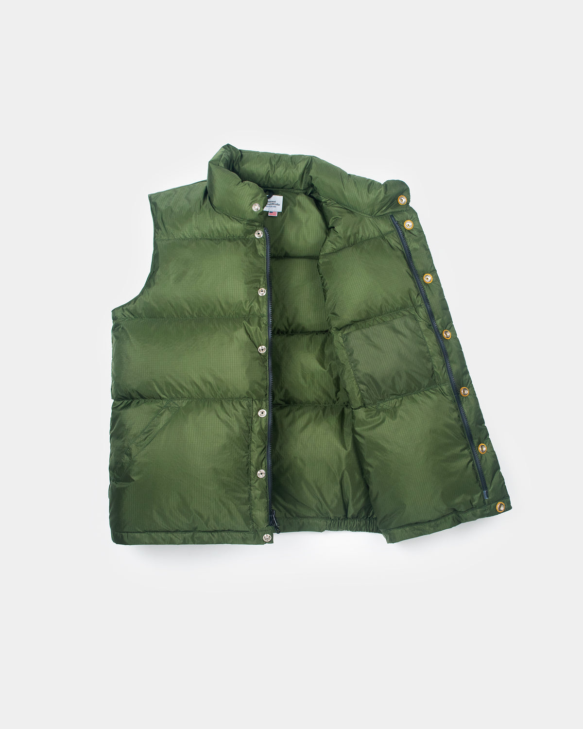 Olive green down italian vest in ripstop nylon with leather snap reinforcement and a stand-up collar