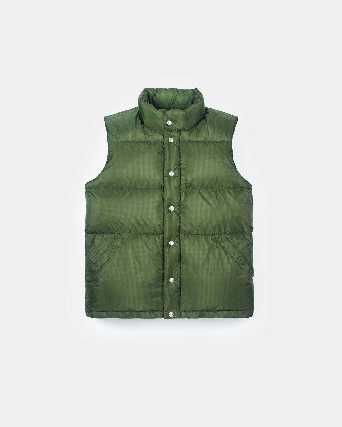 Olive green down italian vest with high collar button closure made from ripstop nylon for lightweight warmth