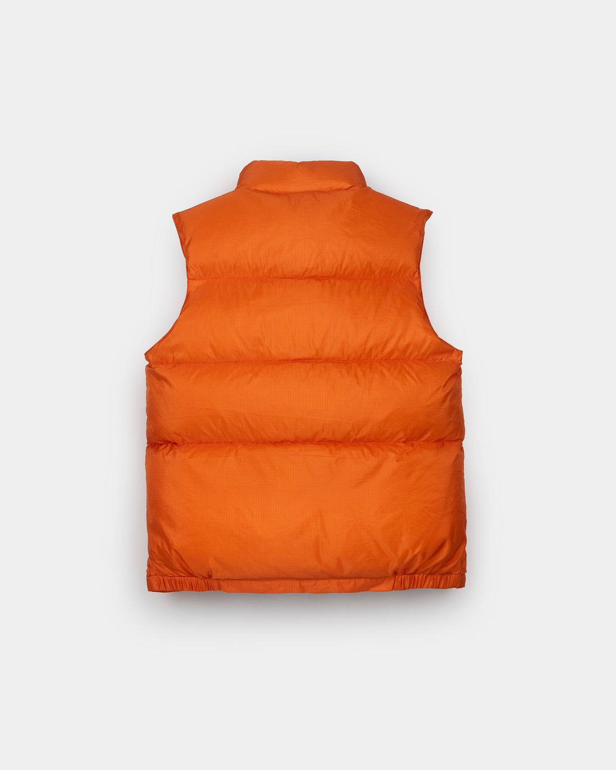 Bright orange down italian vest with ripstop nylon fabric high collar and horizontal stitching
