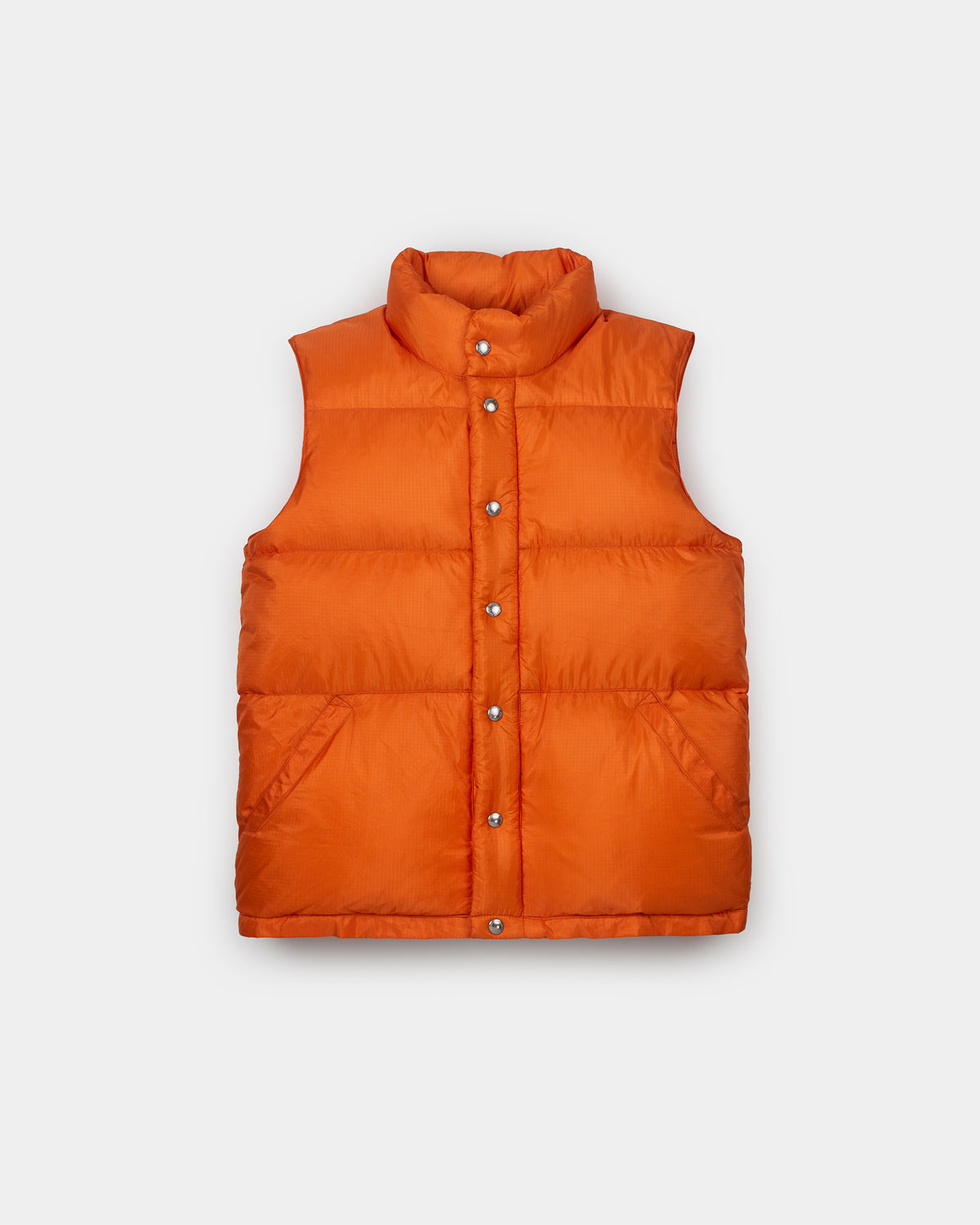 Bright orange down italian vest with high collar silver buttons made from ripstop nylon for lightweight warmth