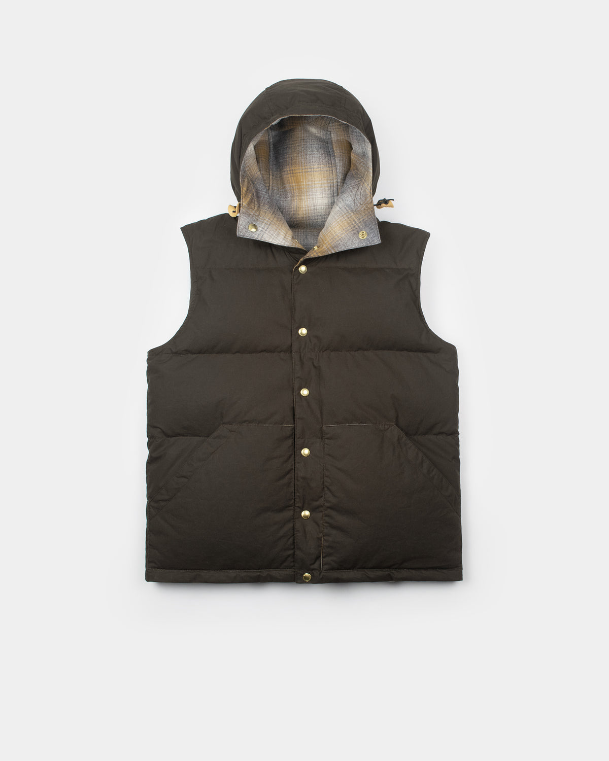 Down Italian Vest - Reversible Wool Flannel & Dry Wax Cotton - Meadow Plaid