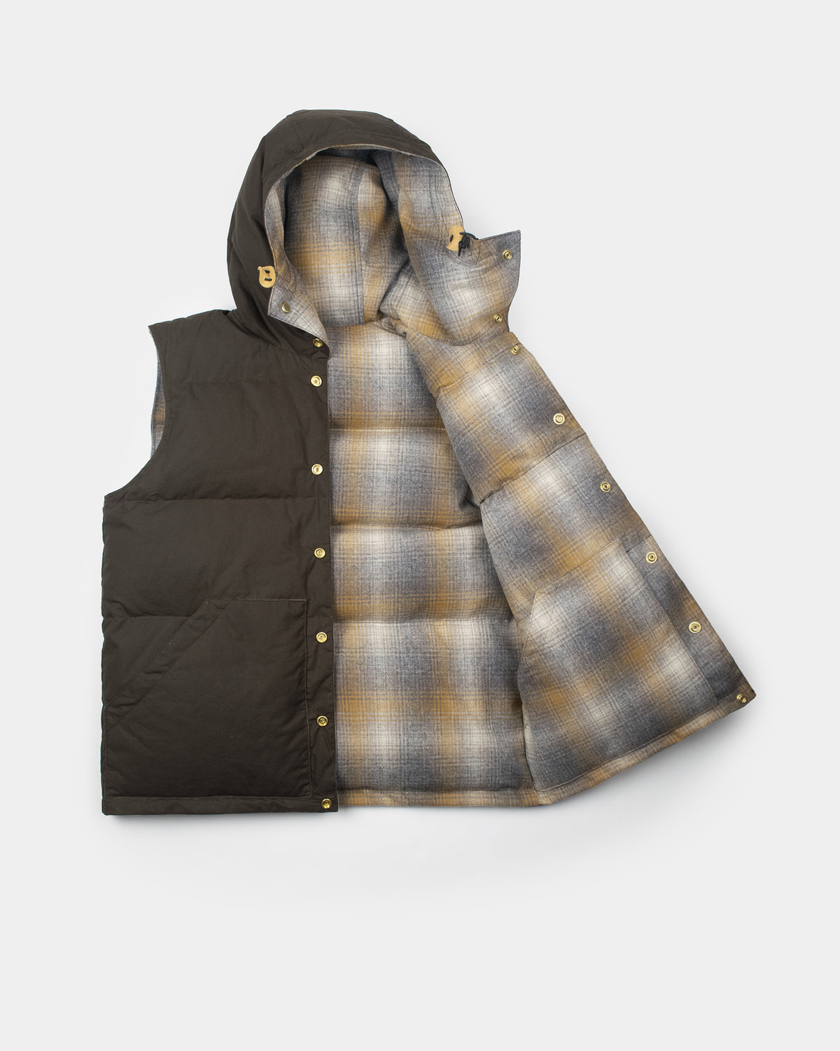 Down Italian Vest - Reversible Wool Flannel & Dry Wax Cotton - Meadow Plaid