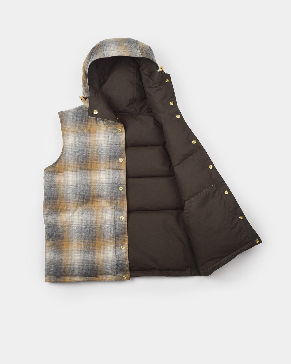 Down Italian Vest - Reversible Wool Flannel & Dry Wax Cotton - Meadow Plaid