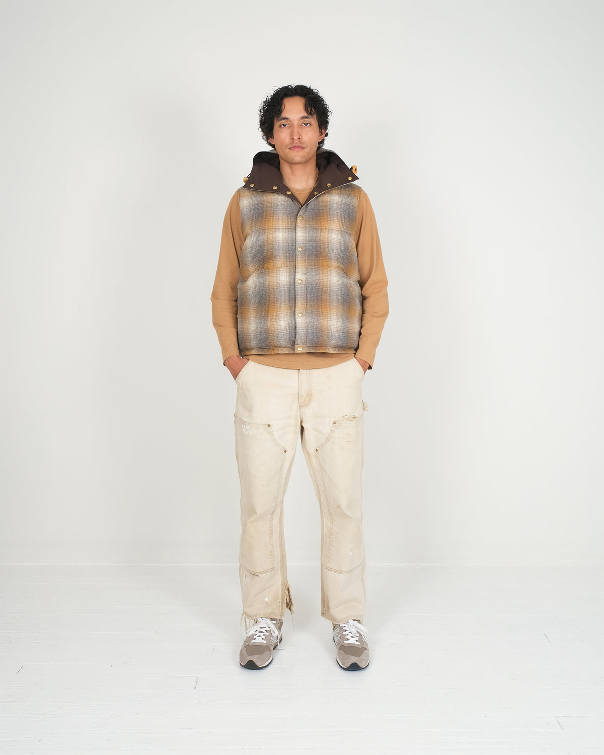 Down Italian Vest - Reversible Wool Flannel & Dry Wax Cotton - Meadow Plaid
