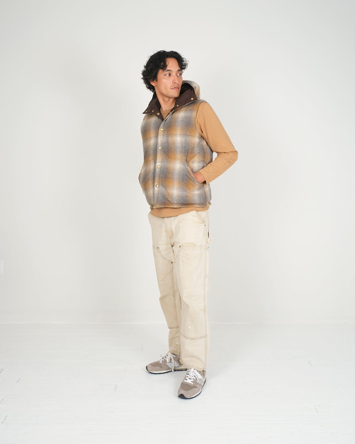 Down Italian Vest - Reversible Wool Flannel & Dry Wax Cotton - Meadow Plaid
