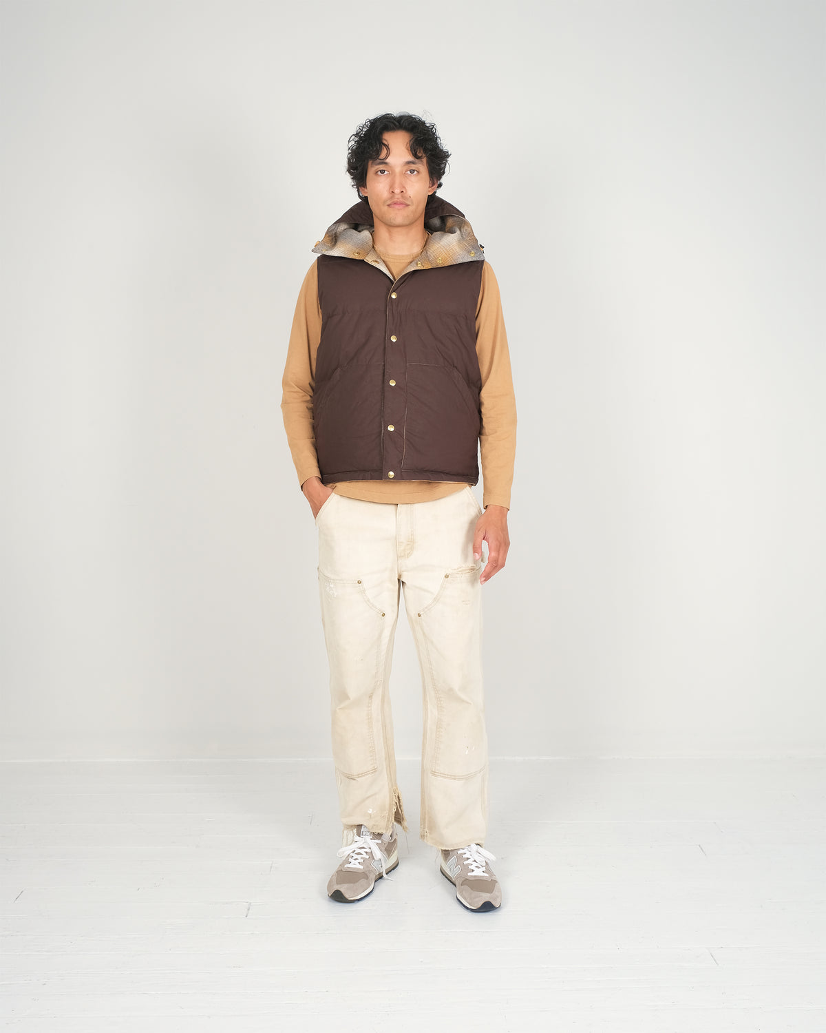 Down Italian Vest - Reversible Wool Flannel & Dry Wax Cotton - Meadow Plaid
