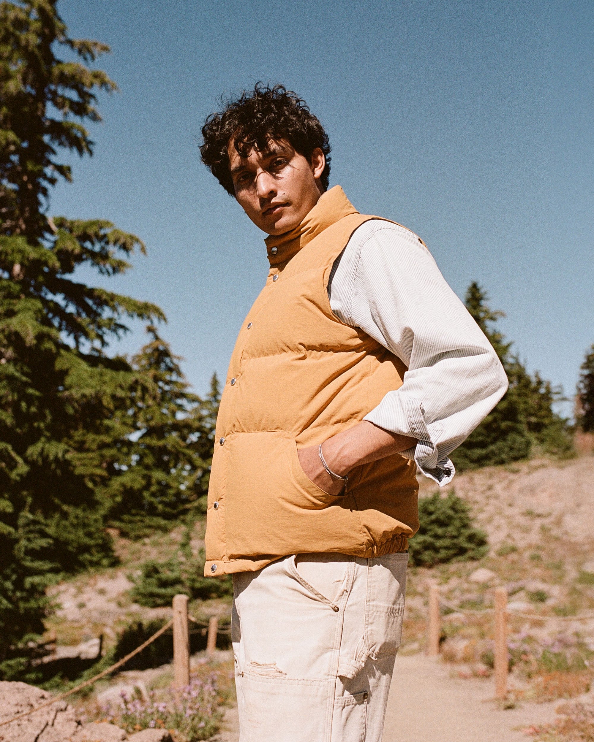 Person wearing a mustard yellow puffer vest in a natural setting with trees and clear sky.
