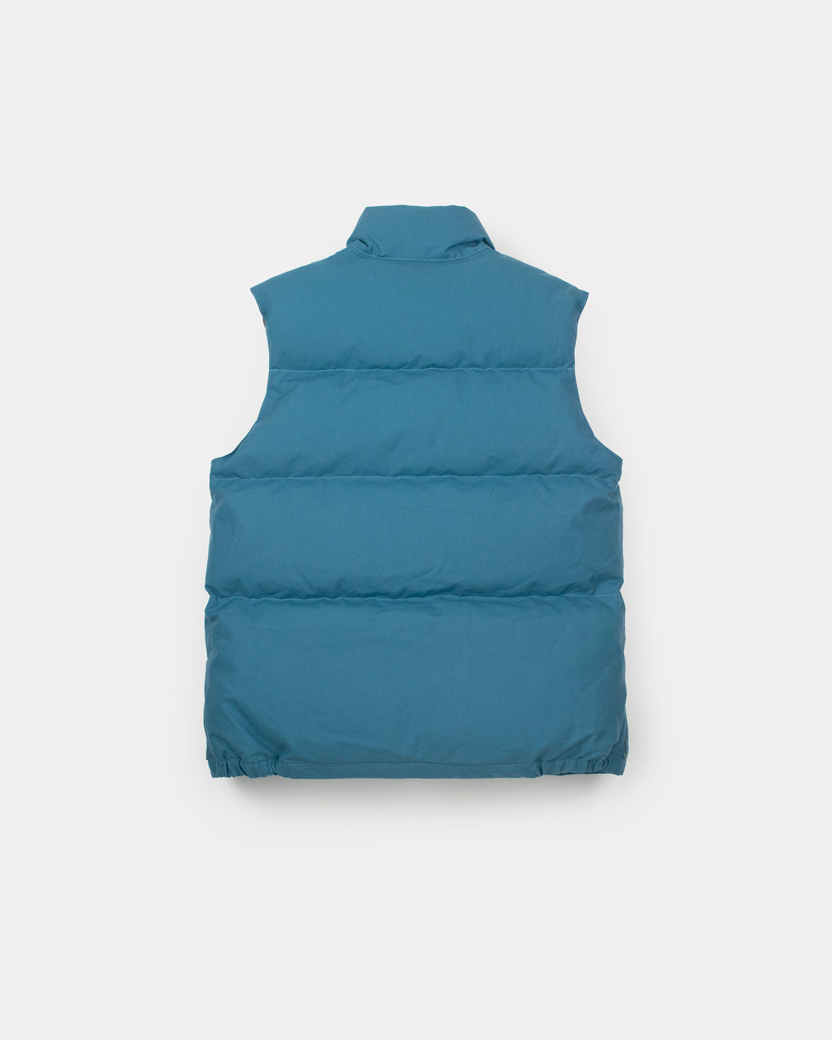 Teal quilted puffer down italian vest with stand-up collar elasticated hem made from dry wax cotton robin’s blue