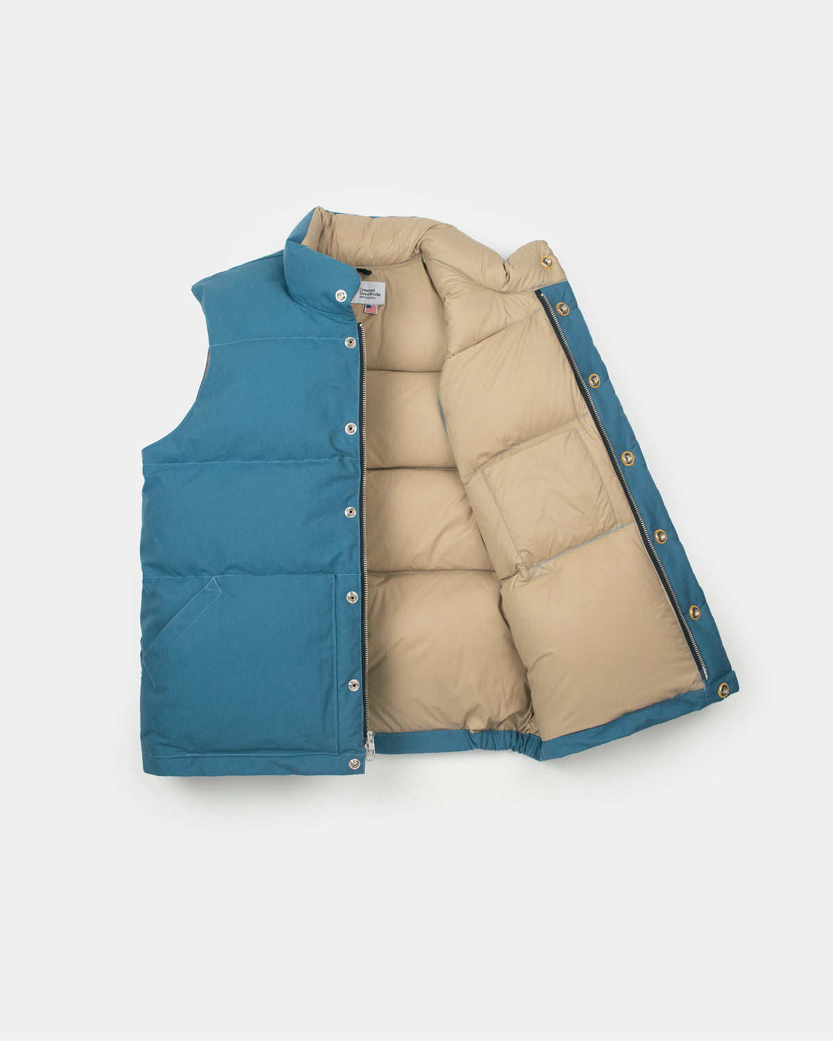 Robins Blue down italian quilted puffer vest with dry wax cotton fabric beige interior and silver-toned snap buttons