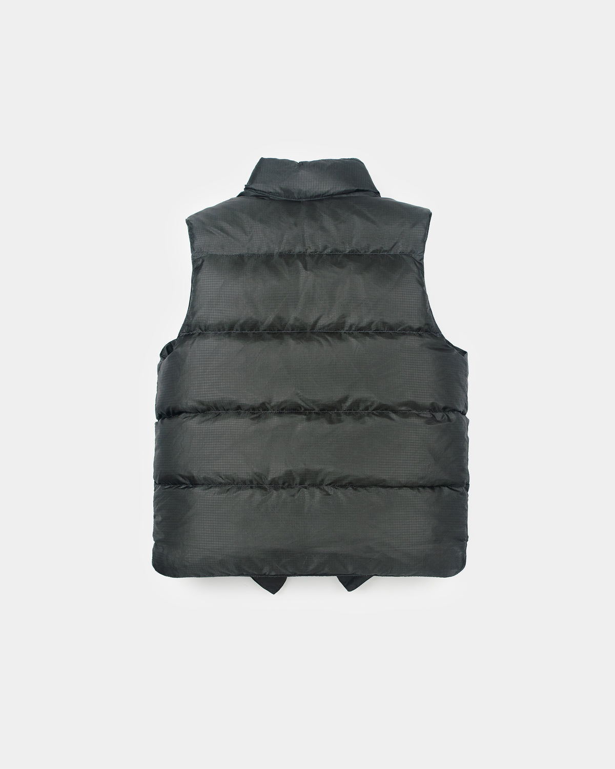 North by northwest charcoal black puffer vest with horizontal stitching high collar ripstop nylon material