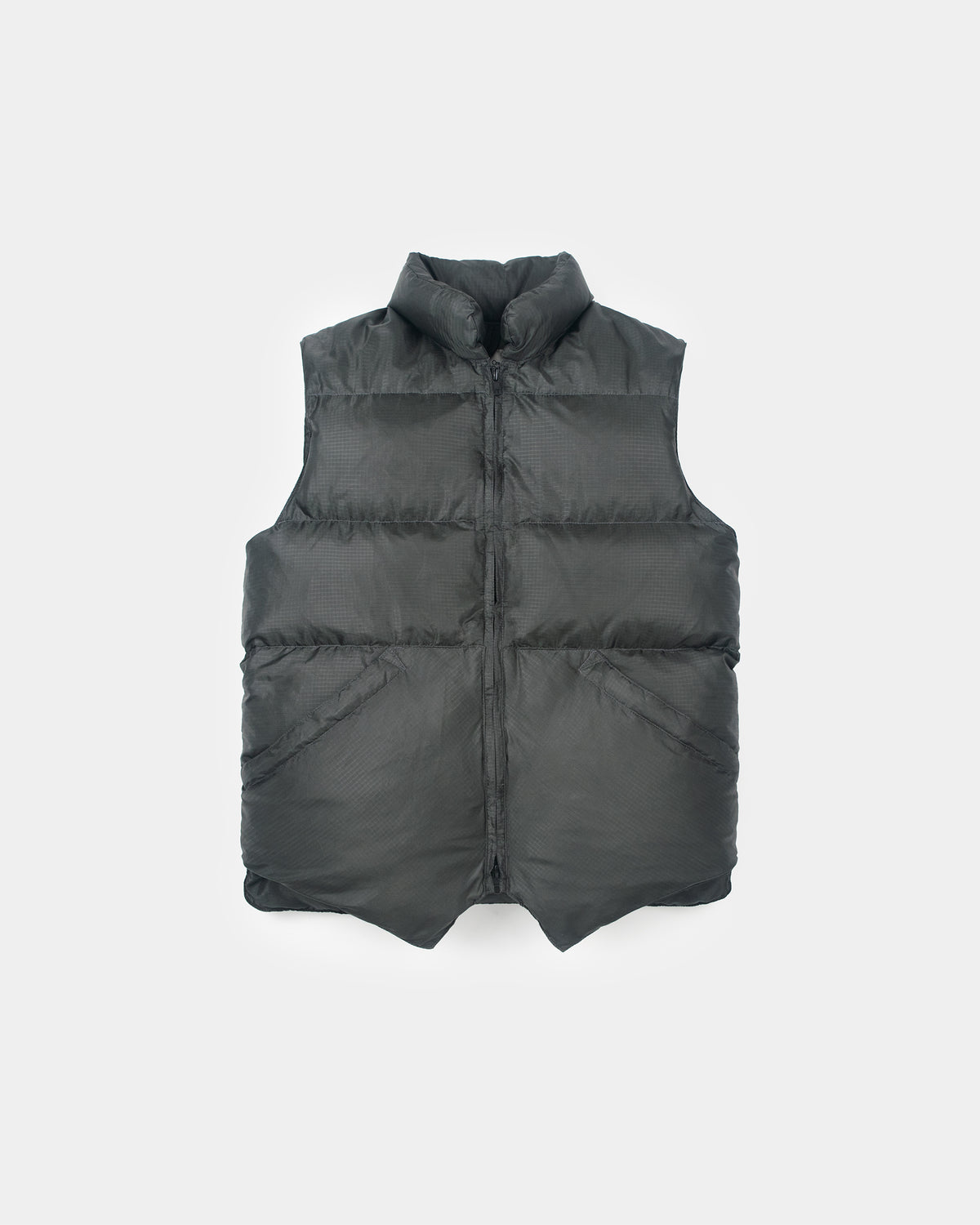 Charcoal quilted puffer vest with stand-up collar and front zipper made from ripstop nylon 