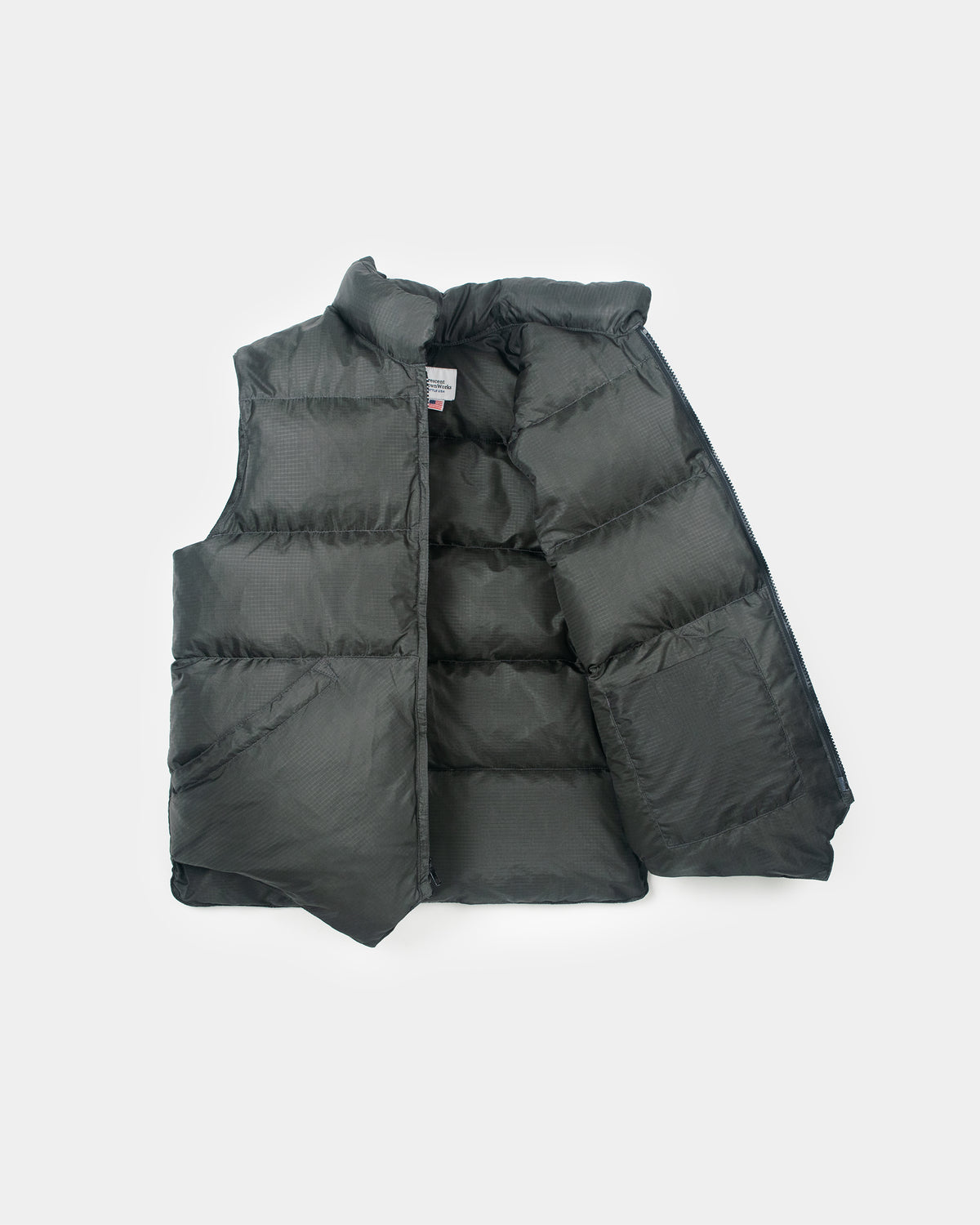 Charcoal north by northwest puffer vest with quilted ripstop nylon design and two front pockets 