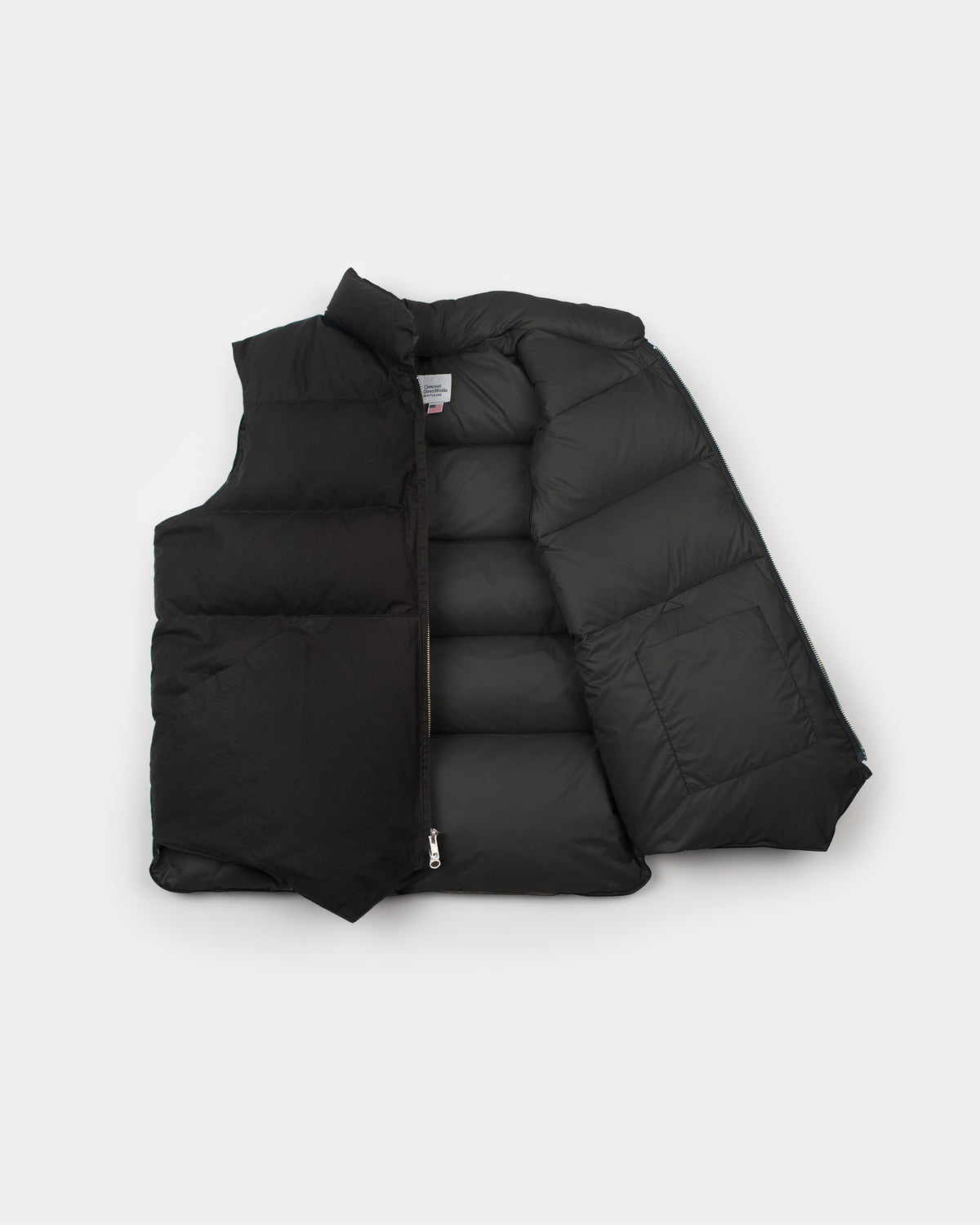Black north by northwest puffer vest with quilted design front zipper dry wax cotton material
