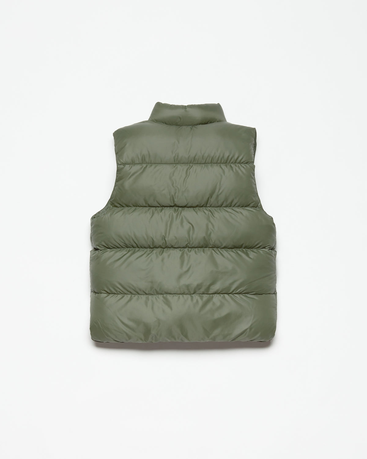 Olive green quilted puffer jacket with subtle stitching and smooth slightly reflective streakfree nylon fabric