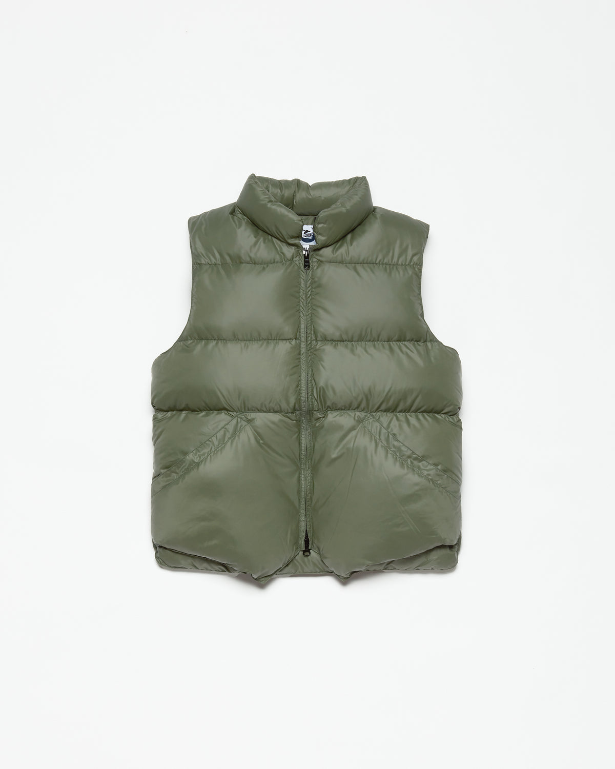 Olive green quilted puffer vest with stand-up collar and front zipper made from streakfree nylon by North by Northwest