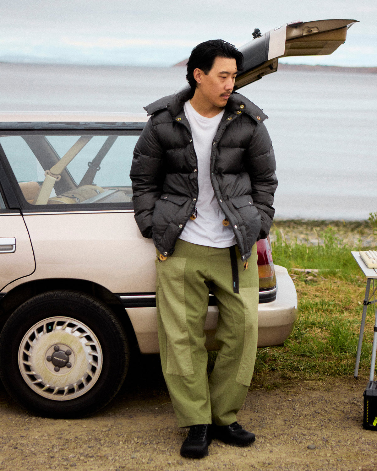 Charcoal classico down parka with quilted design leatehr toggles made from ripstop nylon 