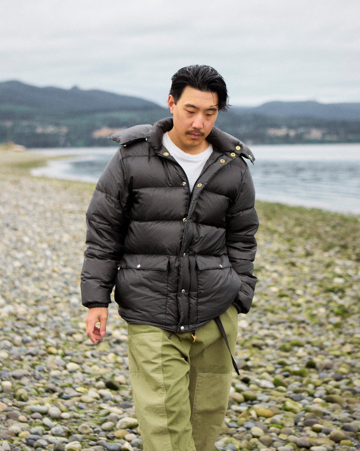 Charcoal classico down parka with quilted ripstop nylon design and leather toggles