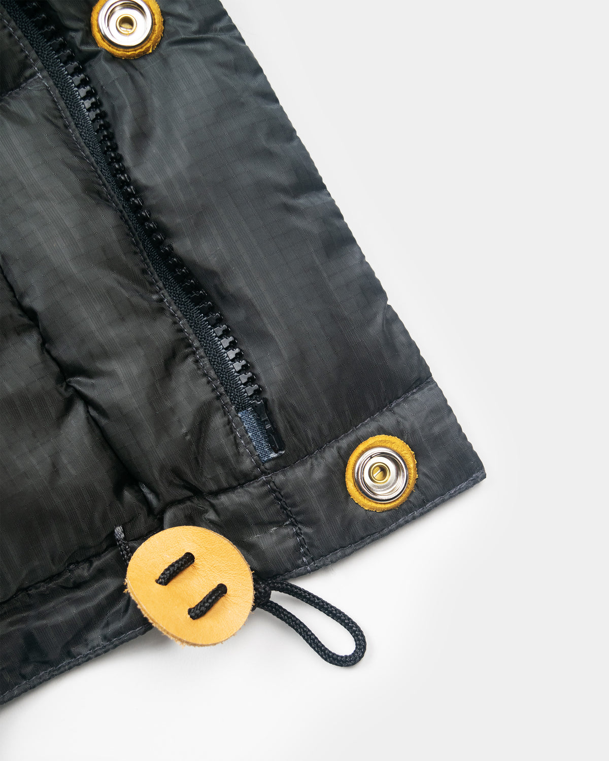 Classico down parka charcoal puffer jacket with leather snap reinforcements and matching  toggle in ripstop nylon