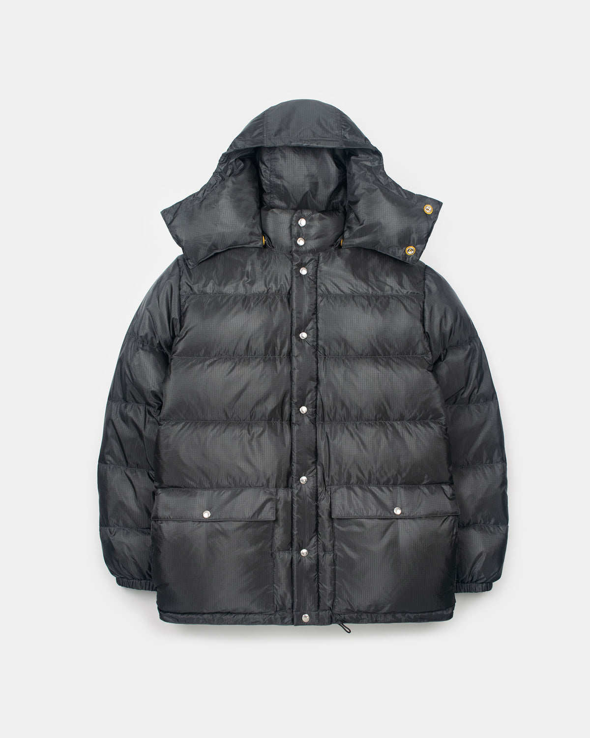 Charcoal quilted classico down parka with hood silver buttons ripstop nylon front view