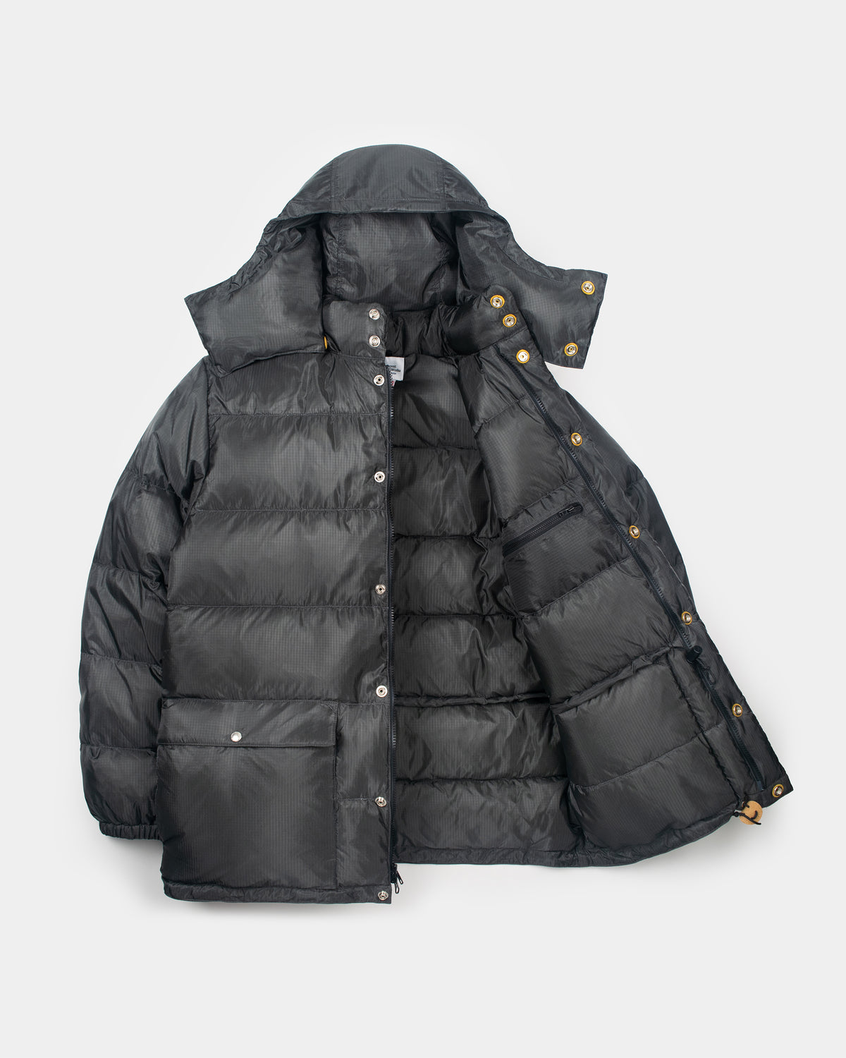 Charcoal Classico down parka with hood quilted design leatehr toggles made from ripstop nylon