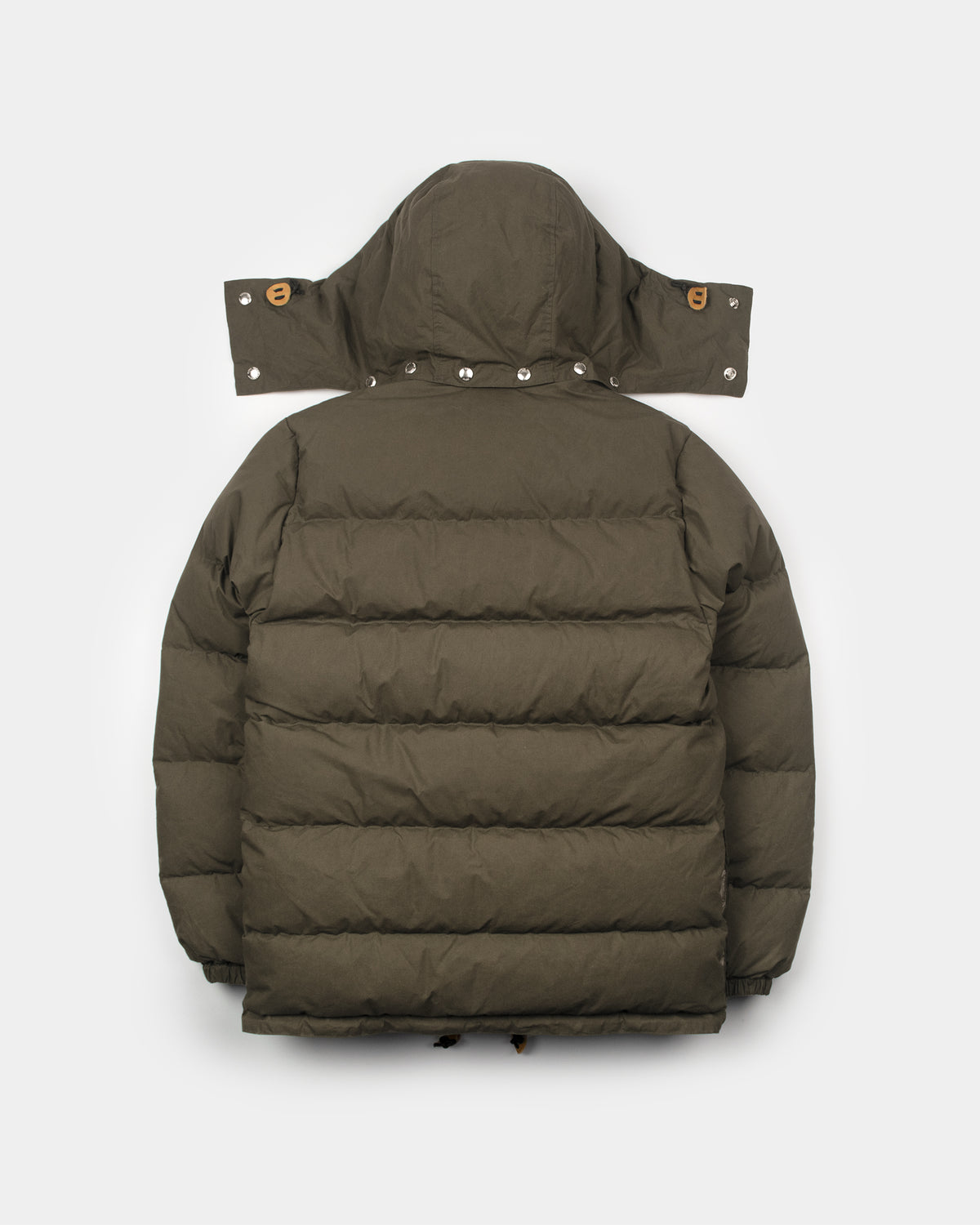 Tent green classico down parka dry waxed cotton with detachable hood silver snap buttons and leather toggles