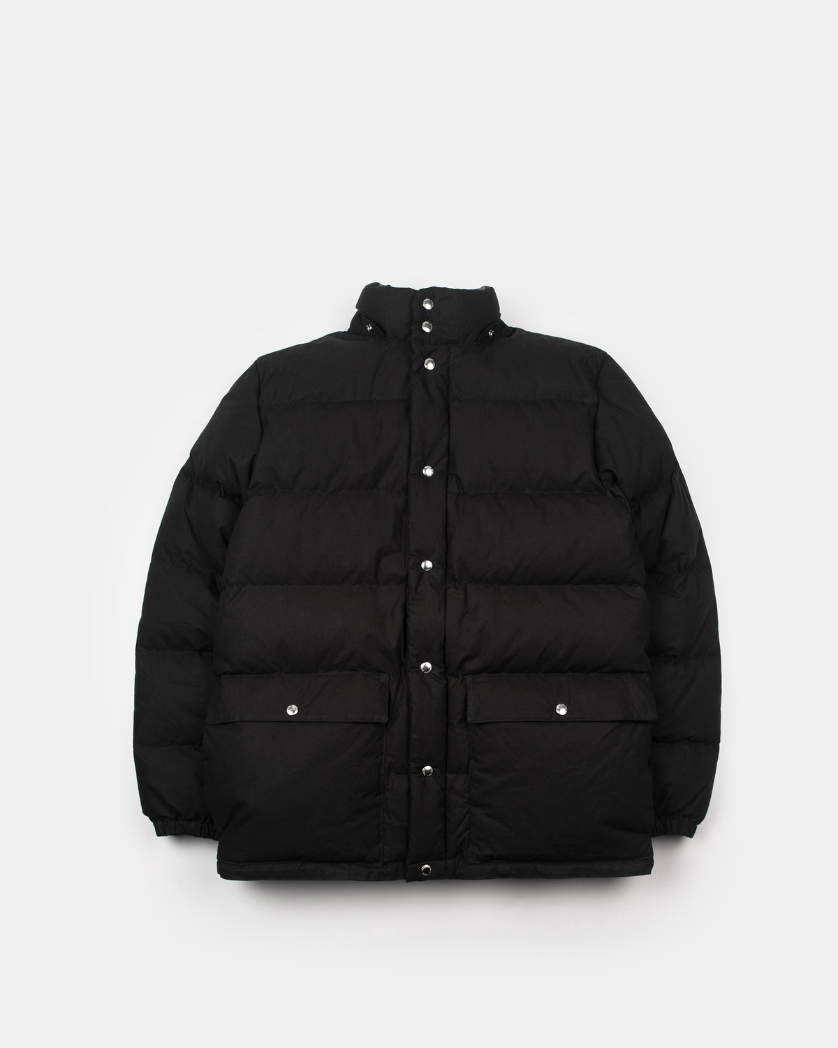 Classico down parka black dry waxed cotton with quilted panels and silver-toned buttons on front and flap pockets