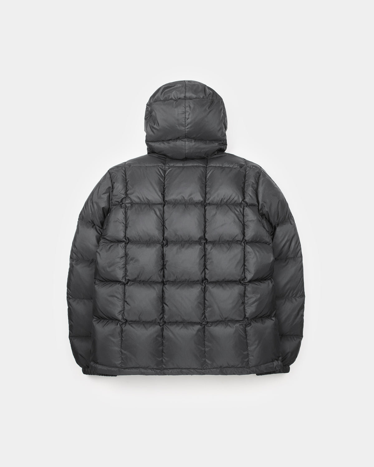 Black quilted puffer jacket with hood made of ripstop nylon in charcoal color for outdoor wear