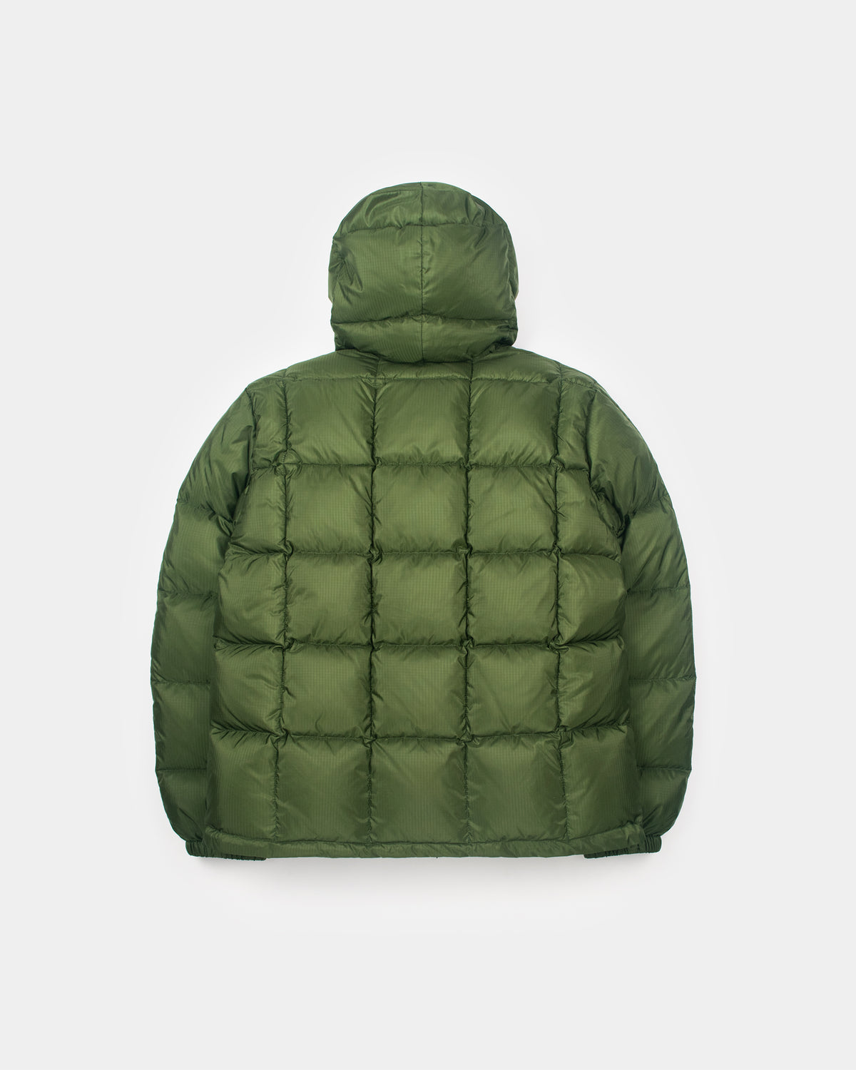 Olive green quilted puffer jacket with hood made of ripstop nylon ideal for cold weather wear