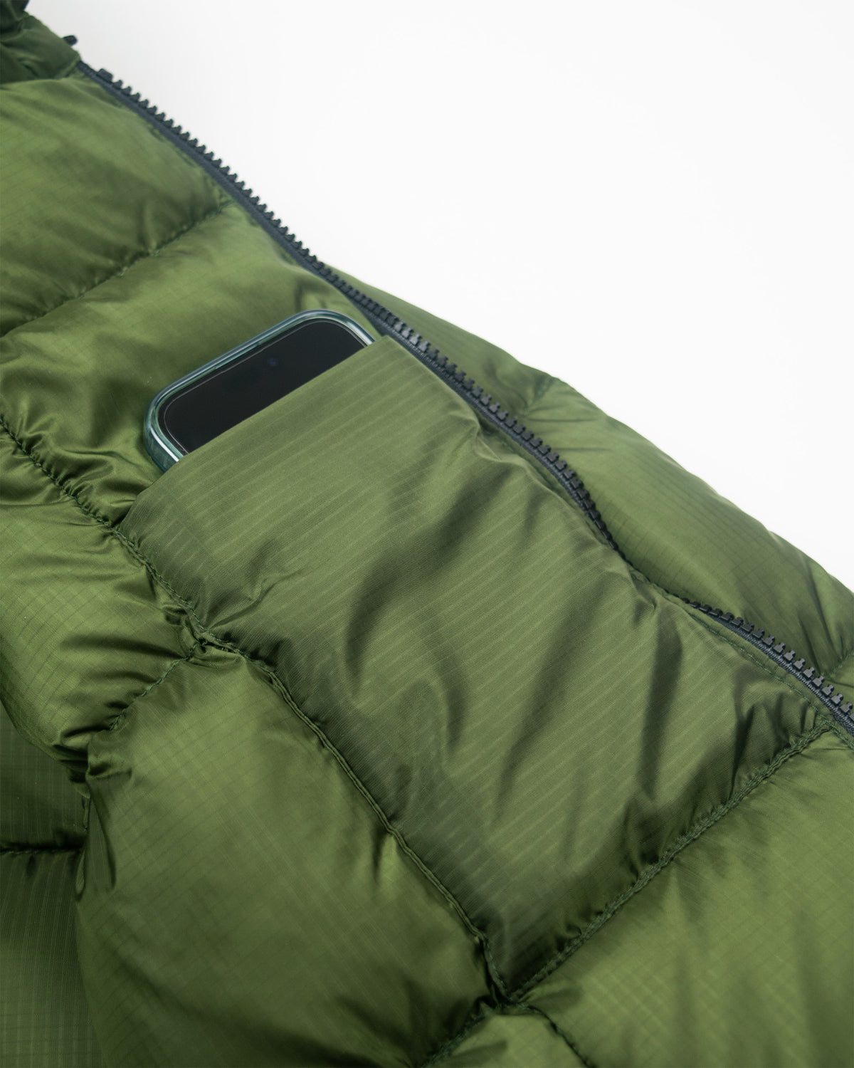 Hooded sweatshirt ripstop nylon green with olive green quilted puffer jacket design and black zipper detail