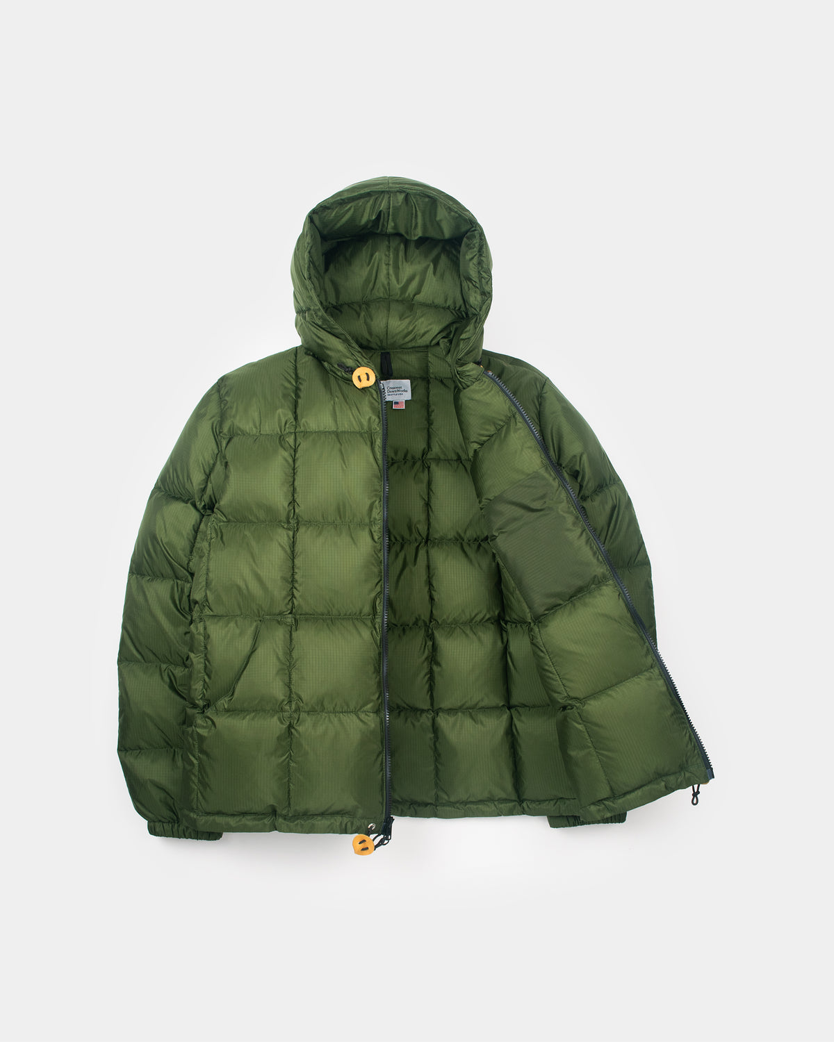 Olive green quilted puffer jacket with hood and leather toggles made of ripstop nylon