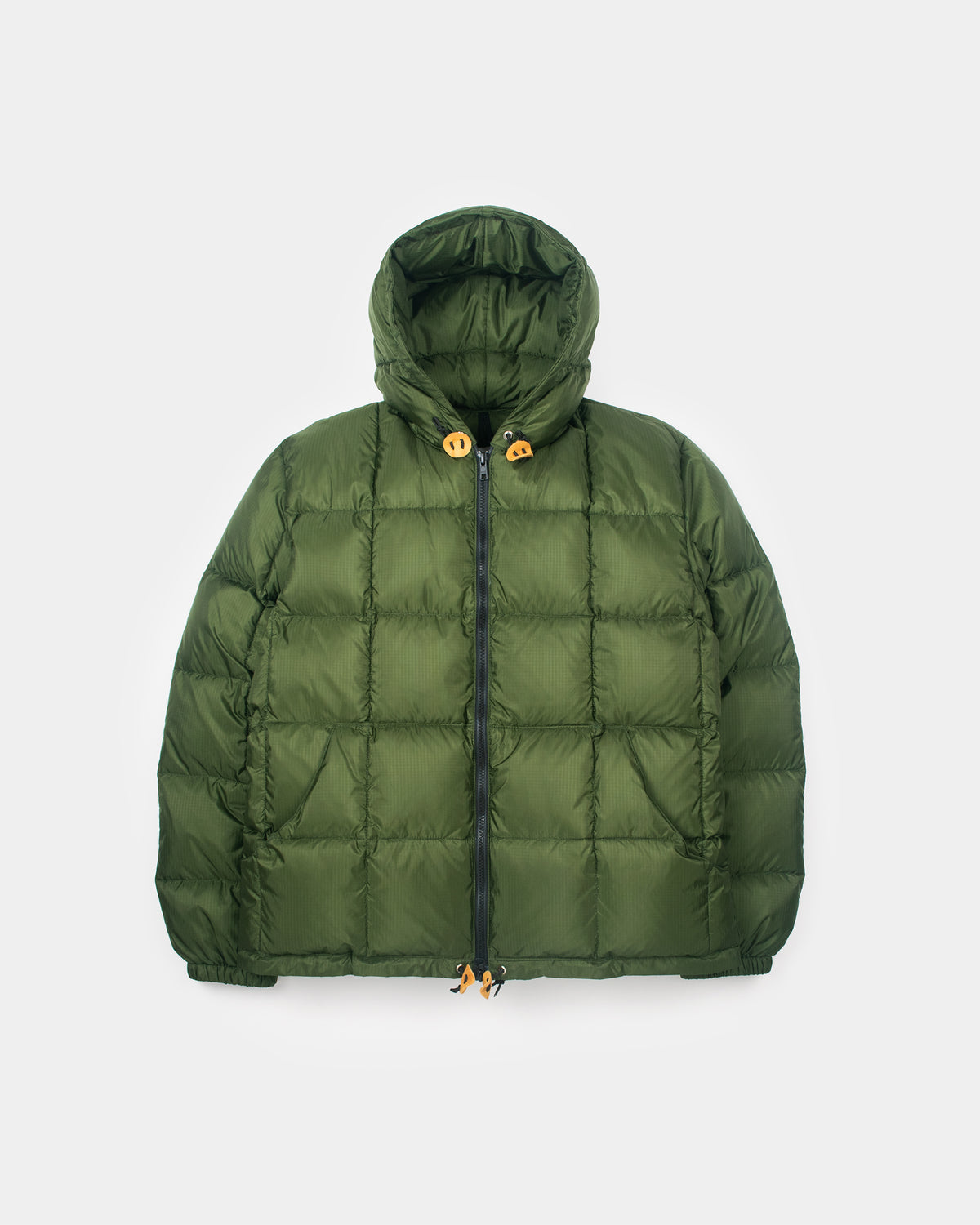 Olive green quilted puffer jacket with hood and leather toggle closures made of ripstop nylon