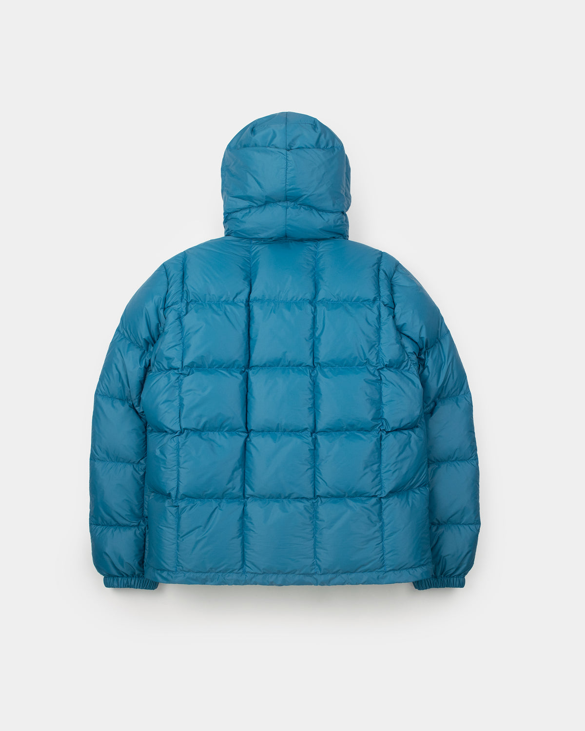Blue quilted puffer jacket with hood made of nylon in duck blue color for casual outdoor wear