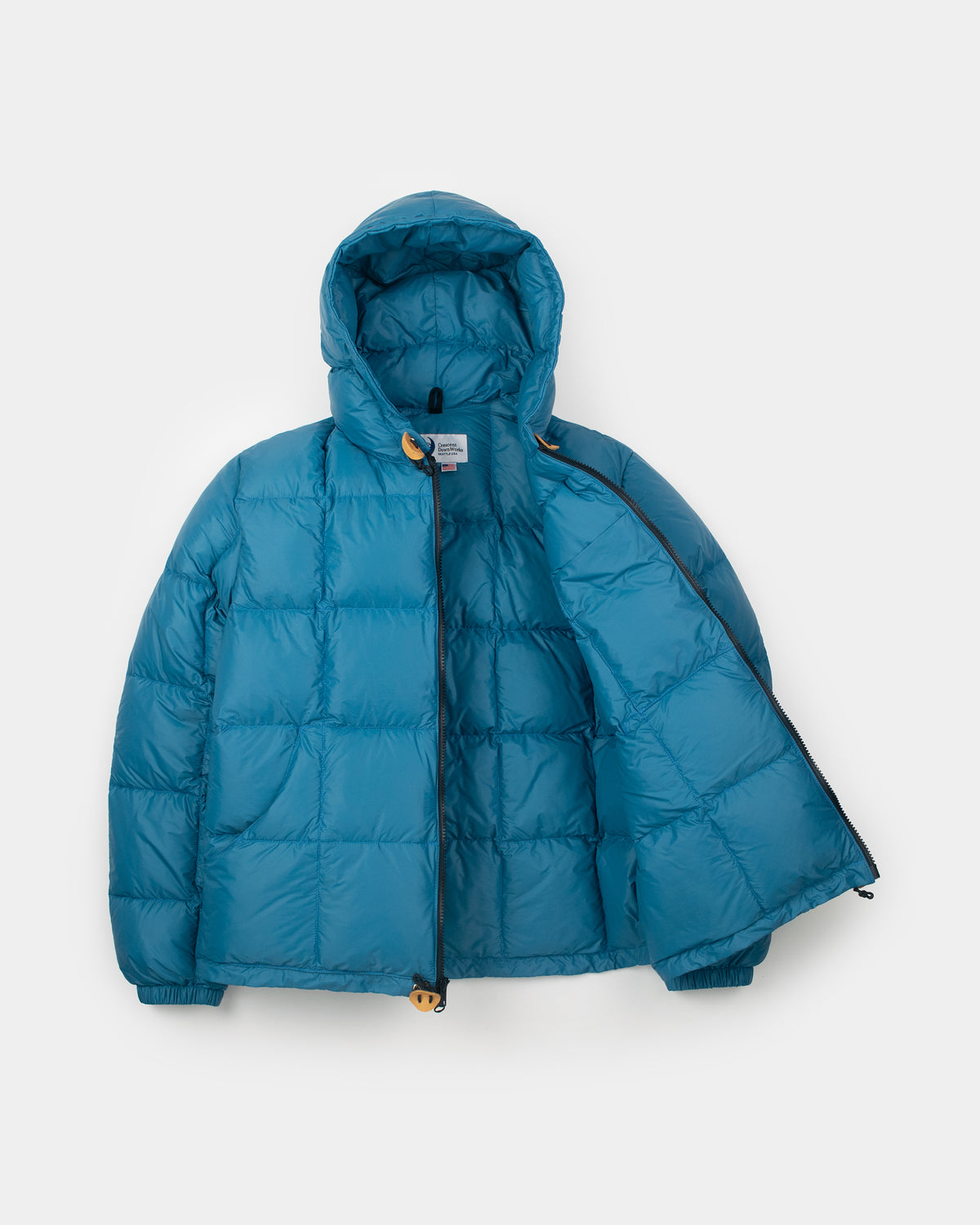 Duck Blue quilted nylon puffer jacket with black zipper in hooded sweatshirt style