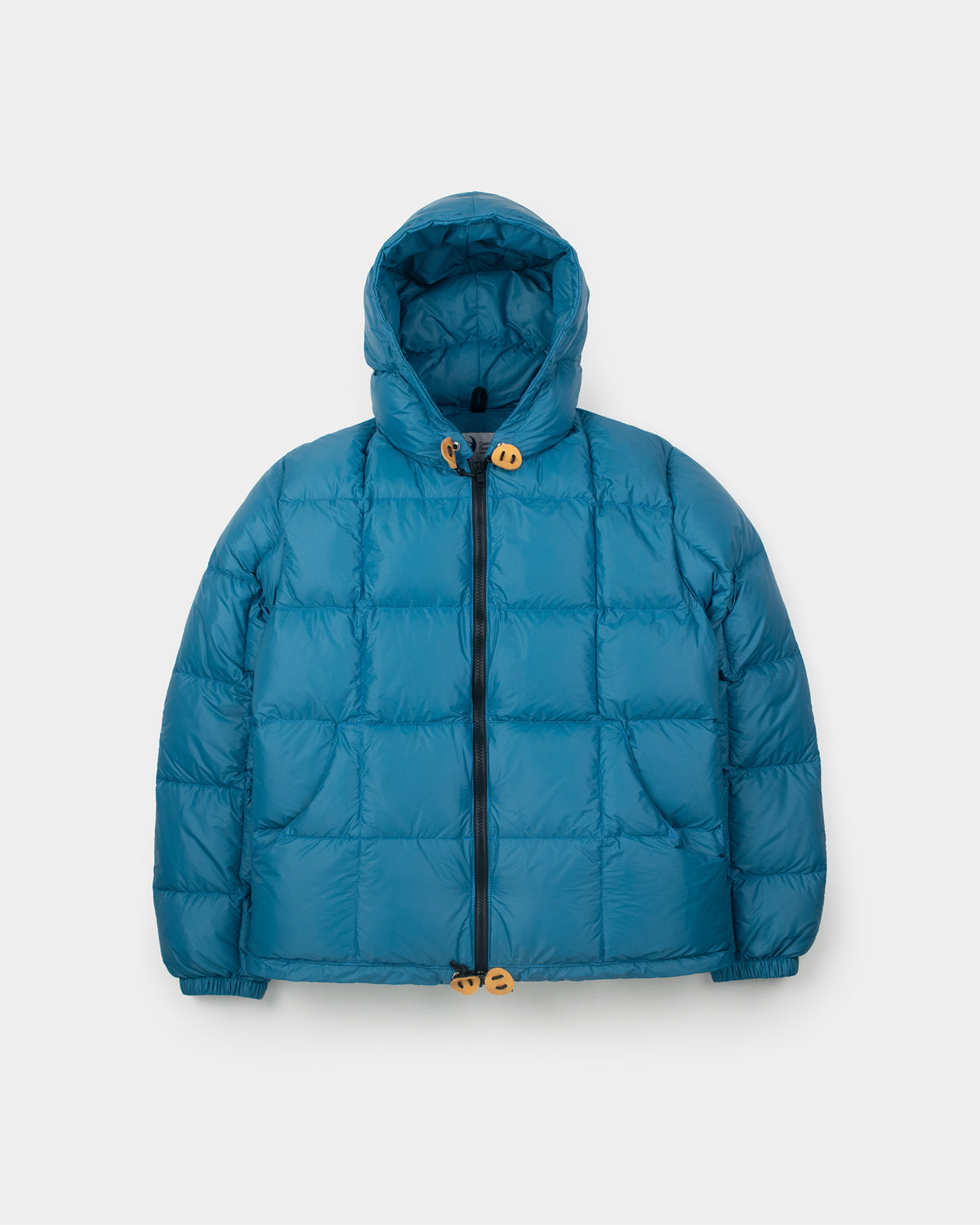 Duck Blue quilted nylon puffer jacket with hood and leather toggle closures in hooded sweatshirt style