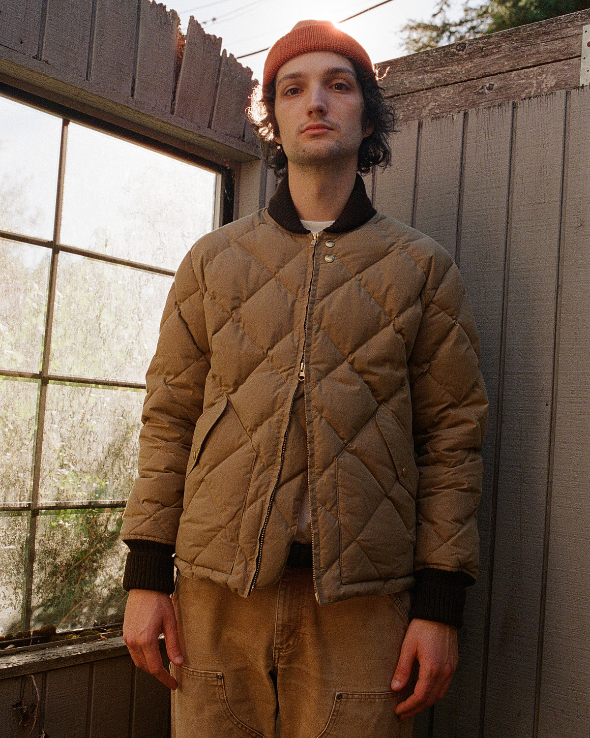 Diagonal Quilted Sweater - Dry Wax Cotton - Golden Khaki &amp; Rust