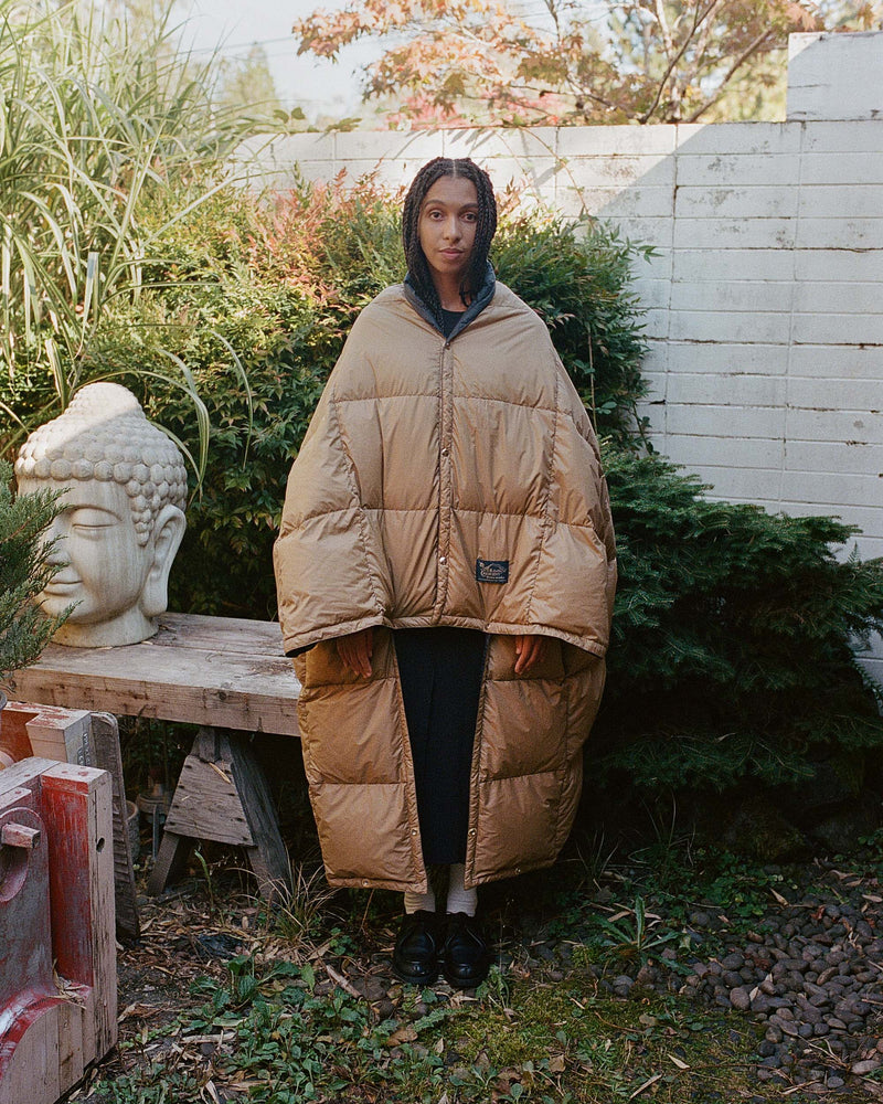2000 Female Model wearing Down Blanket Khaki side out