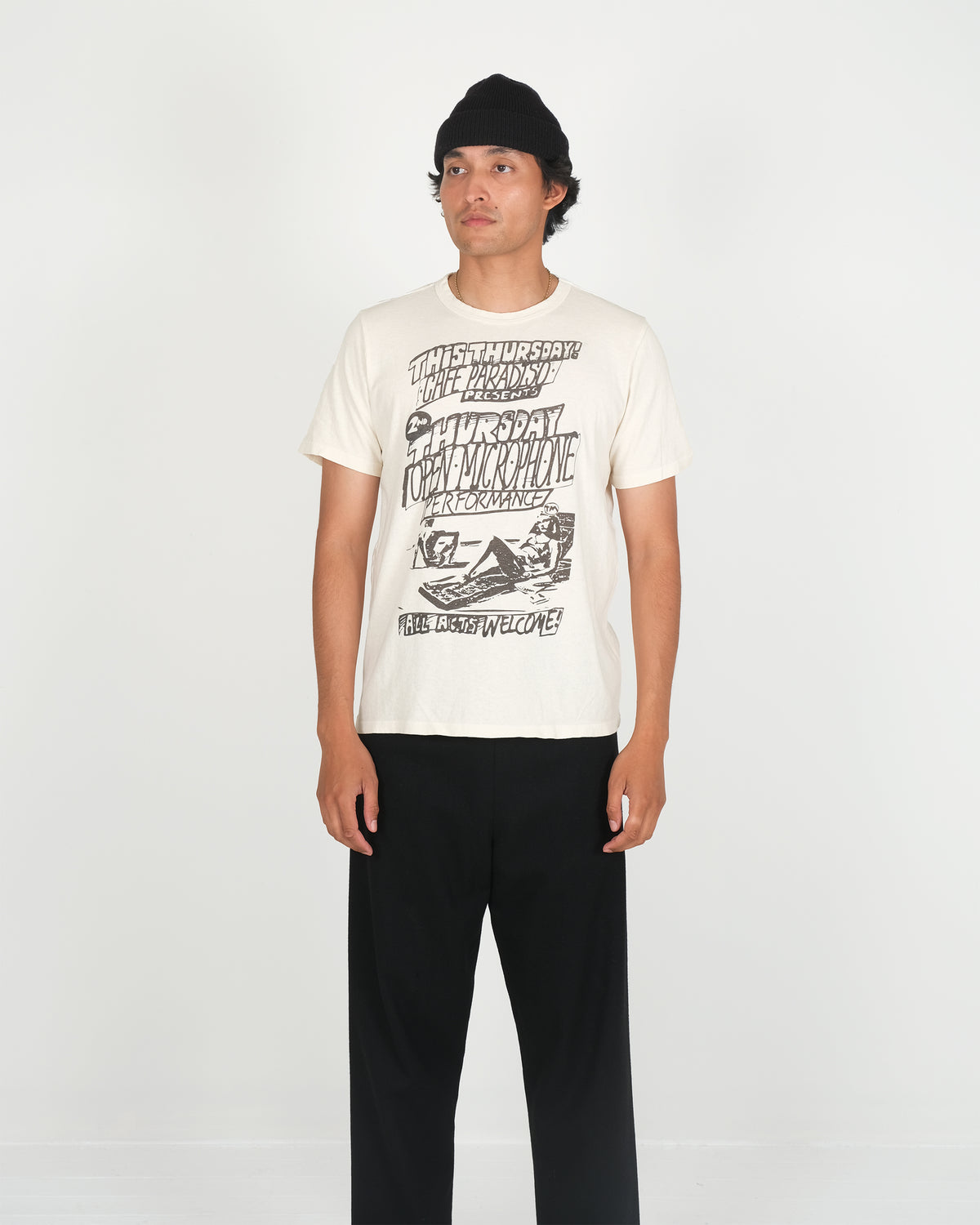 Short sleeve T-shirt - Cafe Paradiso Open Mic - Warm White
